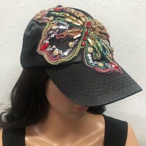Black satin feel embroidered butterfly cap